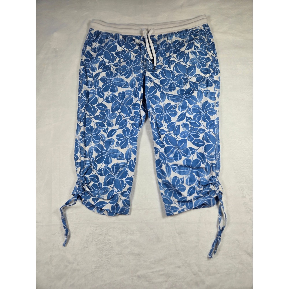 Dash 1X Blue White Hibiscus Floral Capri Pants Elastic Waist Side Ties